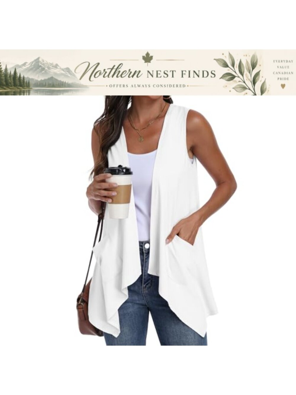 Sleeveless Open Front Cardigan Vest Lightweight High Low Hem Side Pockets